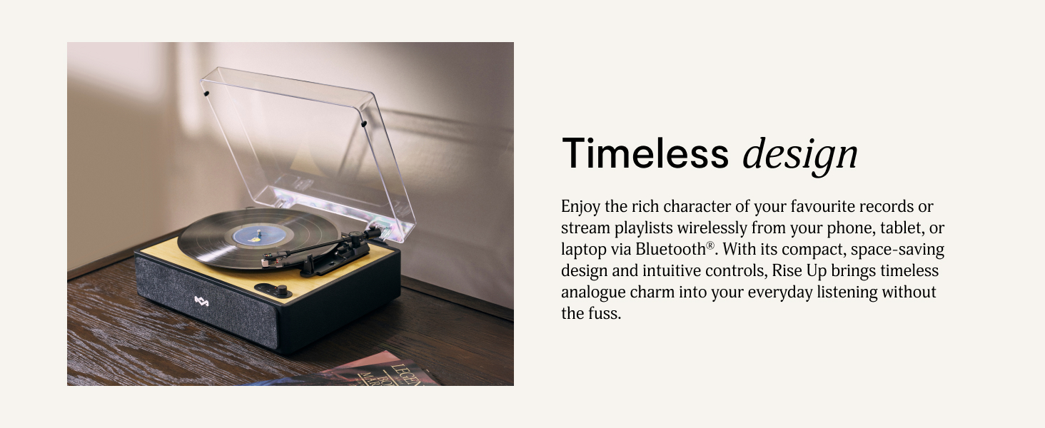 Text reads 'Timeless design'. Close-up product shots of a white device with curved minimalist design shown from multiple angles against light backgrounds