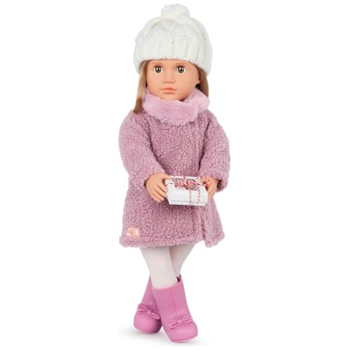 Pink Plush Winter Coat with White Knit Hat and Pink Boots