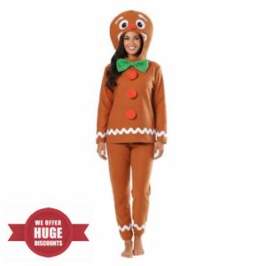 Ladies Gingerbread Man Christmas Costume - Brown Top with Green Bowtie & Gingerbread Man Hood