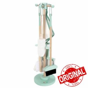 SOKA Wooden Toy Cleaning Kit Pretend Play Household Toy Set Includes Dustpan Broom Mop Brush Duster Towel Hanging Design Playhouse Games for Kids Toddlers Children Little Girls Boys Ages 3 year old +