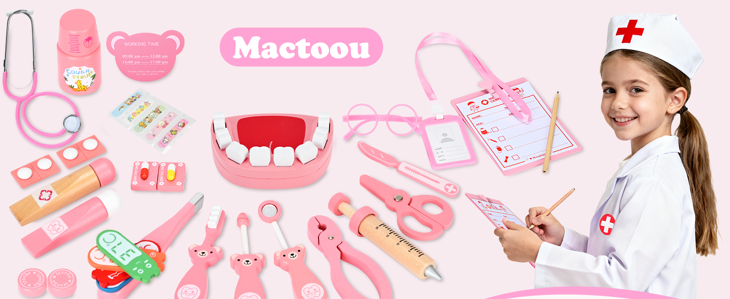 Text reads 'Mactoou'. Pink and white themed illustration featuring cute cartoon medical-themed elements including hearts, bandages, and healthcare items.