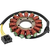 Multiple views of a motorcycle stator/magneto assembly showing copper wire coils with green connectors in circular arrangement.