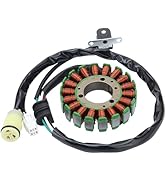 Various angles of motorcycle stator coil assembly showing copper windings, green electrical connectors, and wiring harness components.