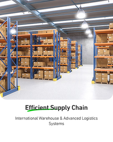 Large warehouse interior with metal shelving units stocked with cardboard boxes. Bright overhead lighting illuminates the space.