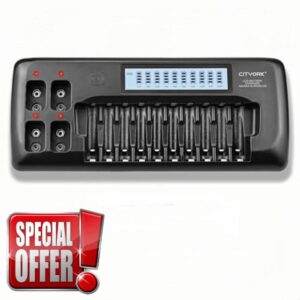 CITYORK 10+4 slot LCD Battery Charger for 1.2V AA AAA Ni-MH Rechargeable Batteries and 9V Ni-MH Li-ion Rechargeable Batteries with Built-in IC Protectio
