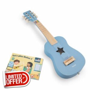 Woet - Wooden Toy Guitar for Kids Age 3+ – Blue Acoustic Guitar with 6 Strings – Educational Musical Toy Instrument for Children – Includes Songbook – Fun Music Gift for Boys and Girls