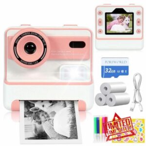 Kids Instant Cameras Print Photos: 48MP 1080p Printable Digital Camera Zero Ink with 2.4-in IPS Screen 3 Roll Thermal Print Paper and 32G TF Card Gift for 4-16 Boys Girls Teens