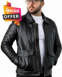 Aviator Styled Mens Leather Jacket With Double Entry Front Pockets| Vintage Black Leather Jacket | Motorbike Real Leather Jacket Mens