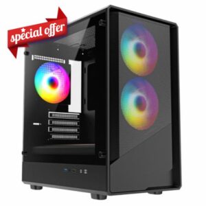 CiT Level 5 Black Gaming PC Case – Micro-ATX Computer Case with Mesh Front & Tempered Glass Side - 3 x 120mm ARGB Fans and 6-Port PWM Fan Hub Included - AIO Support - USB 3.0