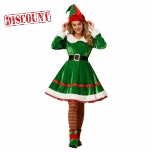 Elf Costume for Women Christmas Outfit Cute Velvet Dress with Hat Shoes Cover Belt Socks for Xmas Party Cosplay