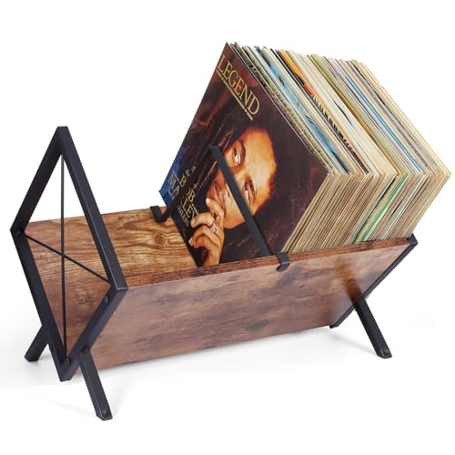 Solid Wood Metal Vinyl Record Display Stand 80 LP Records with Adjustable Divider