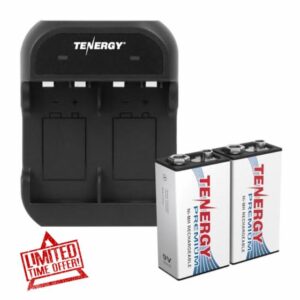 Tenergy TN141 2 Bay 9V Smart Charger with 2 Pack of Premium 9V NiMH 250mAh Rechargeable Batteries