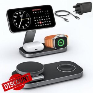 3 in 1 Wireless Charging Station - Foldable Wireless iPhone and Apple Watch Charger with AirPods Port | Travel-Ready iPhone Magsafe Charger Stand | Compact Fast Charge Stand | Adapter Included