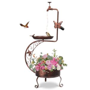 Ourdoor Metal Bird Bath with Solar Lamp and Planter Base