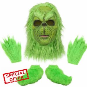 3Pcs Green Monster Mask Furry Monster Gloves Shoe Big Monster Christmas Costume Props Halloween Xmas Cosplay Accessories