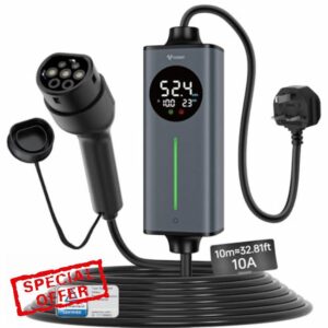 GONEO 10M 3 Pin EV Charger Type 2 UK Plug | Electric Car Charger Cable 10A 2.3kW | Temperature Monitoring