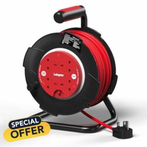 Labgear Extension Lead 25m Heavy Duty Cable Reel 4 Socket 13A Power Reel with Thermal Cut-Out Protection