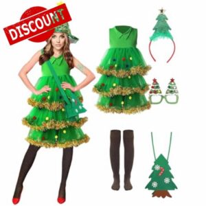 FeMereina Women's Christmas Tree Costumes Set Tinsel Trim Christmas Tree Hat Dress Stockings and Bag 4Pcs Set Cosplay Outfi