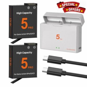 OSMO Action 5 Pro/4/3 Battery Charger Kit 2-Pack 2800mAh replacement batteries Type C USB dual-channel LED charger for OSMO Action 5 Pro/OSMO Action 4/OSMO Action 3(2 x battery + 1 x charging)