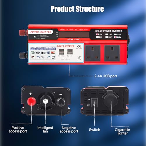 DC 12V/24V to AC 240V/220V/110V Car Inverter with Dual UK Sockets & USB Ports