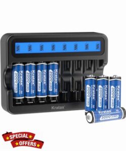 Kratax 1.5V AA Rechargeable Lithium Batteries 8Pack with LCD Charger - 3000mWh High Capacity
