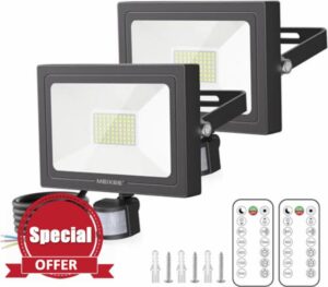 MEIKEE Security Lights Outdoor Motion Sensor 60W 5200 Lumen Outdoor PIR Lights with Sensor & Remote Control Adjustable 12m Sensing Distance Dimmable IP66 Waterproof for Garden Garage Forecourt 2 Pack            [Energy Class F]