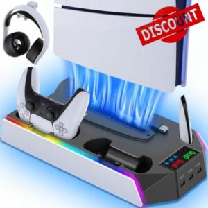 PS5/Slim/Pro Cooling Station Stand RGB with Dual Controller Charging Station for PlayStation 5 Console