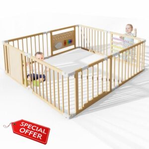 Baby Playpen 160x160x61cm Wood Playpen Foldable Baby Fence fold Away Play Pen with Musical Toys and Door Portable Easy Assembly Playpens for Babys & Toddlers