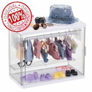 Rainmae Doll Clothes Closet Compatible with La-bu-bu Clothes – Stackable Clear Wardrobe Cabinet with Detachable Display Shelf