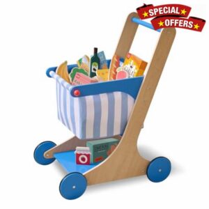 Teamson Kids Little Helper Mr. Fresh Wooden Shopping Cart with 13 Play Food Items