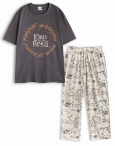 The Lord Of The Rings Men's Grey Sleepwear Set | Themed Crew Neck Short Sleeve Graphic Tee & Map Print Bottoms | Fantasy Apparel with Elastic Waistband