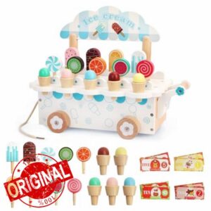Wooden Ice Cream Cart Toy for Toddlers – Role Play Toy for 3 Year Old Girls & Boys – Montessori-Inspired Pretend Play Set with Colorful Cones Idea for Kids Aged 3+