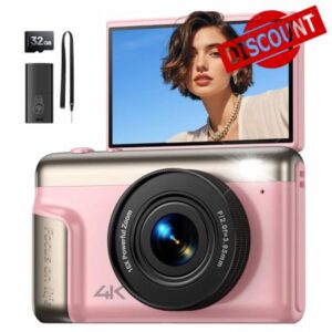 Digital Camera 4K for Photography Vlogging: 64MP Compact Photo Camera for Video 180° Flip Screen 3" Portable Digital Cameras with 16X Digital Zoom 32GB SD Card Gifts for Kids Beginners Adults Pink