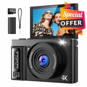 Digital Camera 4K for Photography Vlogging: 64MP Cameras for Video with Autofocus - 16X Zoom Photo Camera Gifts for Teens Ages 8-18 - 180°Flip Screen Compact Cámara - Point and Shoot Digital Cameras