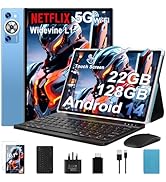 Text reads 'Android 14' and '22GB+128GB'. Product showcase of tablet or laptop device with colorful display screen and attached keyboard.