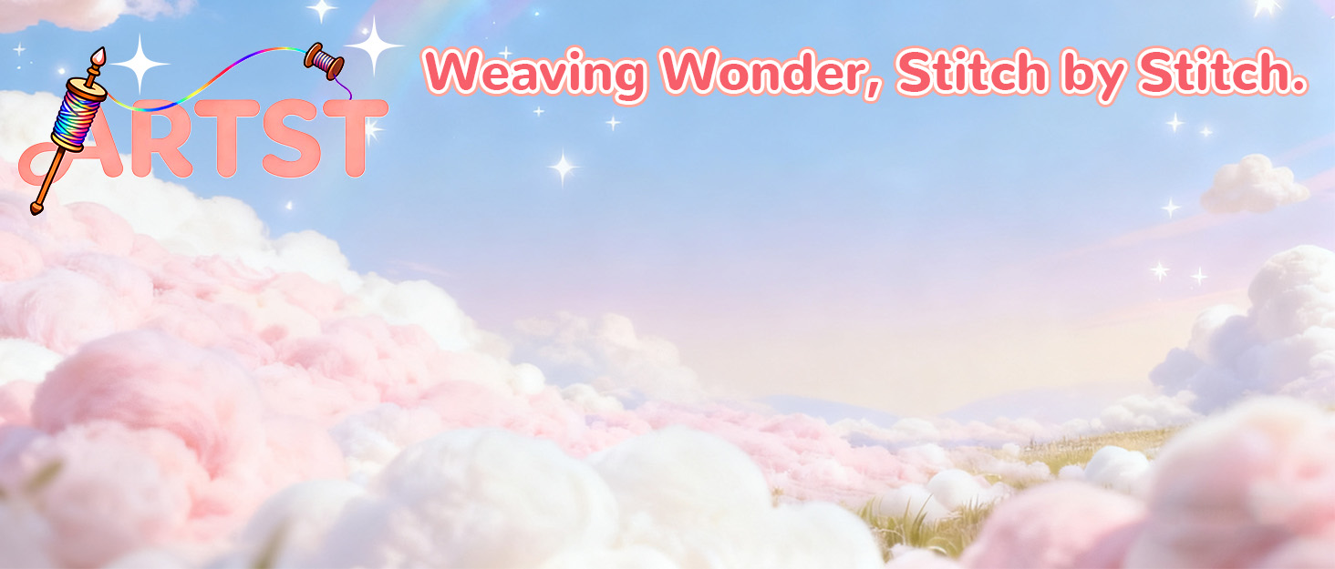 Text reads 'Weaving Wonder, Stitch & Stitch' against a pastel pink and blue gradient background