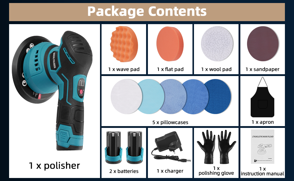 Package contents of a polishing kit including a blue polisher, various pads, batteries, charger, gloves, and manual.