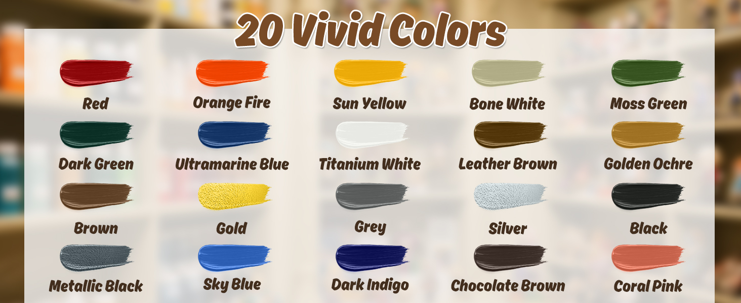 Text reads '20 Vivid Colors' followed by color swatches displaying various shades including blue, yellow, brown, and grey tones in a palette format.