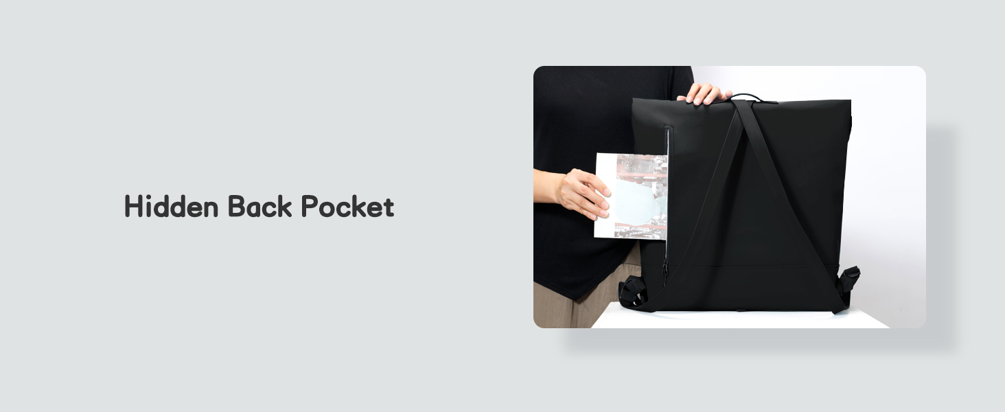 Text reads 'Hidden Back Pocket'. Close-up product images showing black garment with concealed pocket feature.