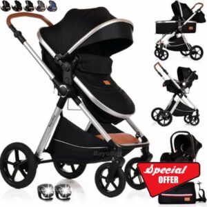 Baby Pram Pushchair Buggy Stroller 3 in 1 with Car Seat Child Lightweight Folding Stroller 3 in 1 Travel System Pram for Newborns Toddlers from Birth New 2026 Style FREEBIES (BBC - Black Silver