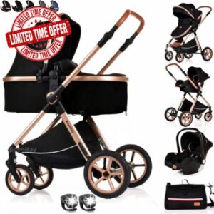 Baby Buggy Pram Pushchair Stroller 3 in 1 with Car Seat Carrycot Child Lightweight Folding Stroller Travel System Pram for Newborns & Toddlers from Birth (BBA - Black Gold