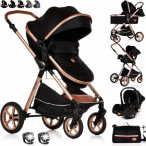 Baby Pram Pushchair Buggy Stroller 3 in 1 with Car Seat Child Lightweight Folding Stroller 3 in 1 Travel System Pram for Newborns Toddlers from Birth New 2026 Style FREEBIES (BBC - Black Gold