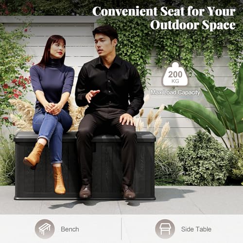 Wood Effect Outdoor Utility Chest Container for Patio Cushions Gardening Tools (Black)