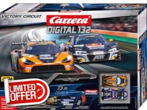 Carrera Digital 132 Victory Circuit 1:32 Scale 7.3 Metres With McLaren 720S GT3 Dörr Motorsport No85 and the Audi R8 LMS GT3 Abt Sportsline Kelvin vd Linde No3