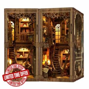 Book Nook Kit – (Deluxe Edition) – DIY Miniature Wooden Puzzle | Vintage Library Scene with LED Lights | 3D Bookend Dollhouse for Bookshelf Decoration | Creative Home Déco