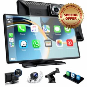 Volam Wireless Car Stereo for AppIe CarPlay Android Auto 9 inch Carplay Screen for Car with Dashcam Front and Rear 2.5K +1080P with Navigation/Mirror Link/Voice Assistant/64GB TF/Bluetooth/AUX/FM