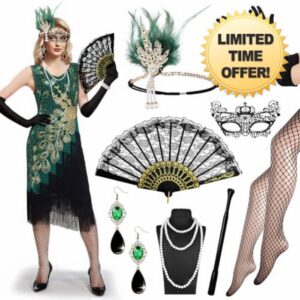 12 PCS 20s Dresses Flapper Dress Women's Vintage 1920s Costume Dresses Sequins Fringe Gatsby Dress with Headband Pearl Necklace for Women Ladies