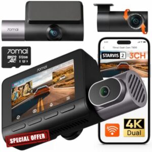 70mai Dash Cam 4K T800 3-Channel 2160P+2160P+1080P Front and Rear Inside
