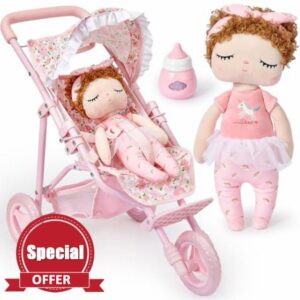 G.C. Dolls Pram for 3 4 5 6 7 8 Year Olds Girls with Rag Doll | Foldable Dolls Pushchair with Adjustable Handle