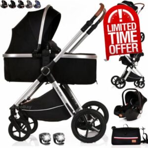 Baby Buggy Pram Pushchair Stroller 3 in 1 with Car Seat Carrycot Child Lightweight Folding Stroller Travel System Pram for Newborns & Toddlers from Birth (BBA - Black Silver